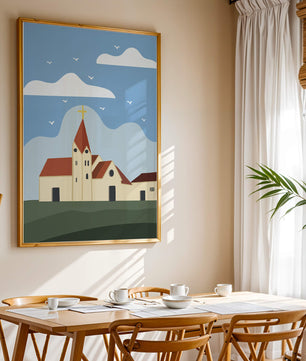 Idyllic Church Landscape with Golden Cross and Blue Sky