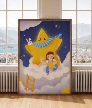 Enfant fantaisiste assis sur un nuage avec une étoile et un lapin dans le ciel nocturne