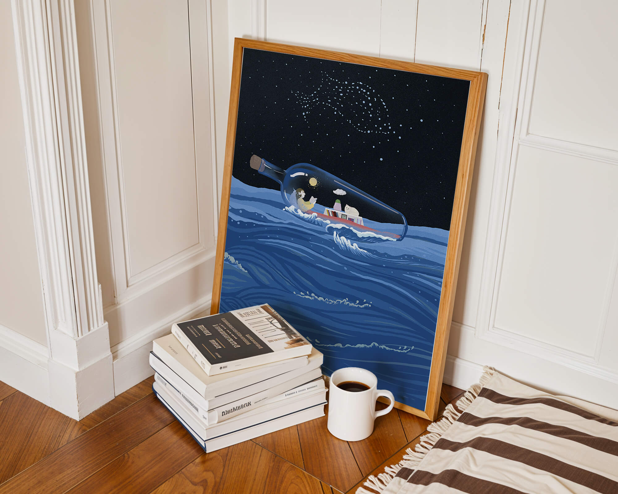 Surreal illustration of a bottle on the ocean with a starry night sky