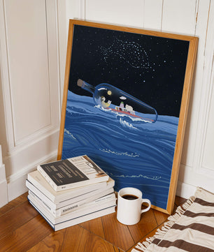 Surreal illustration of a bottle on the ocean with a starry night sky