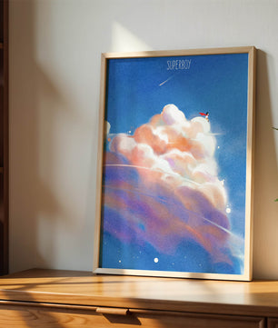 Whimsical illustration of superboy with dreamy cloudscape