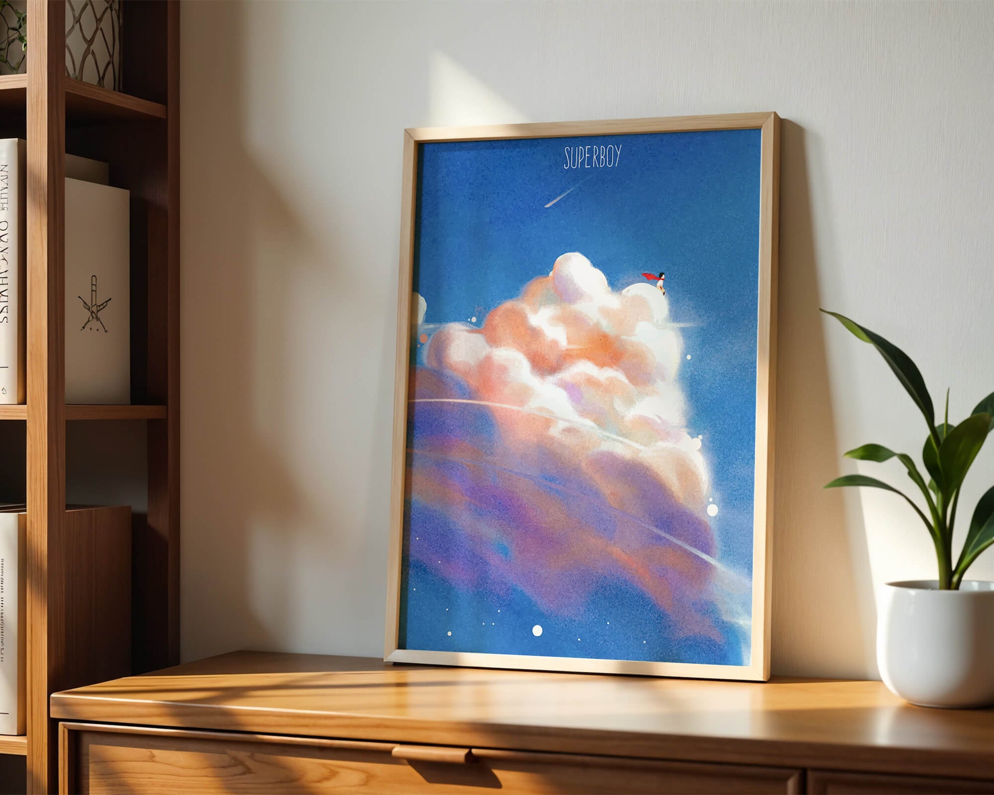 Whimsical illustration of superboy with dreamy cloudscape