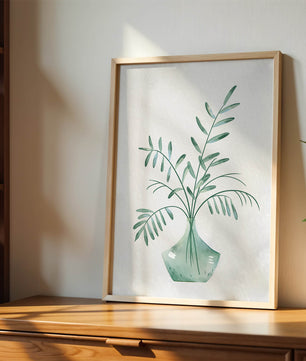 Illustration minimaliste à l’aquarelle de feuilles vertes dans un vase en verre
