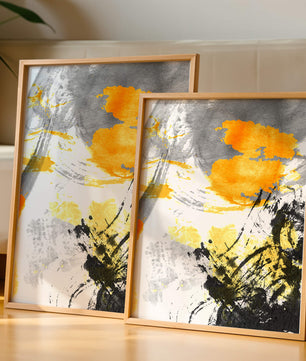 Abstract yellow and black watercolor splash with dynamic brushstrokes