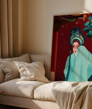 Traditional Asian art with elegant woman in traditional attire