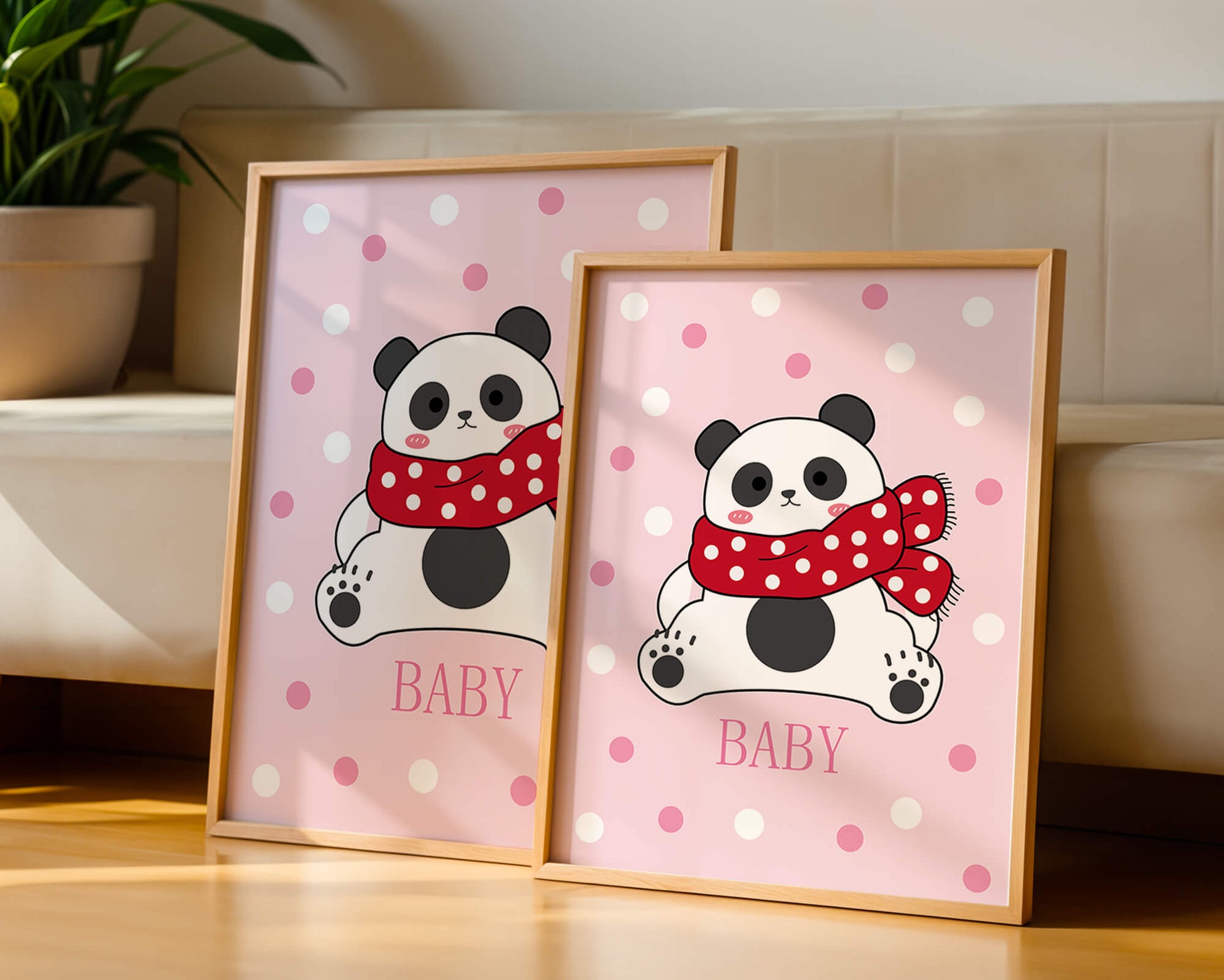 Cartoon panda with red scarf on pink polka dot background