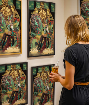 Art fantastique élégant d'une femme avec un dragon majestueux et des éléments dorés