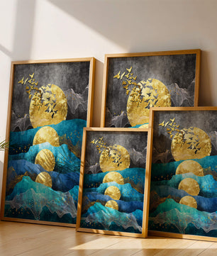 Abstract Landscape with Golden Sun and Flying Birds