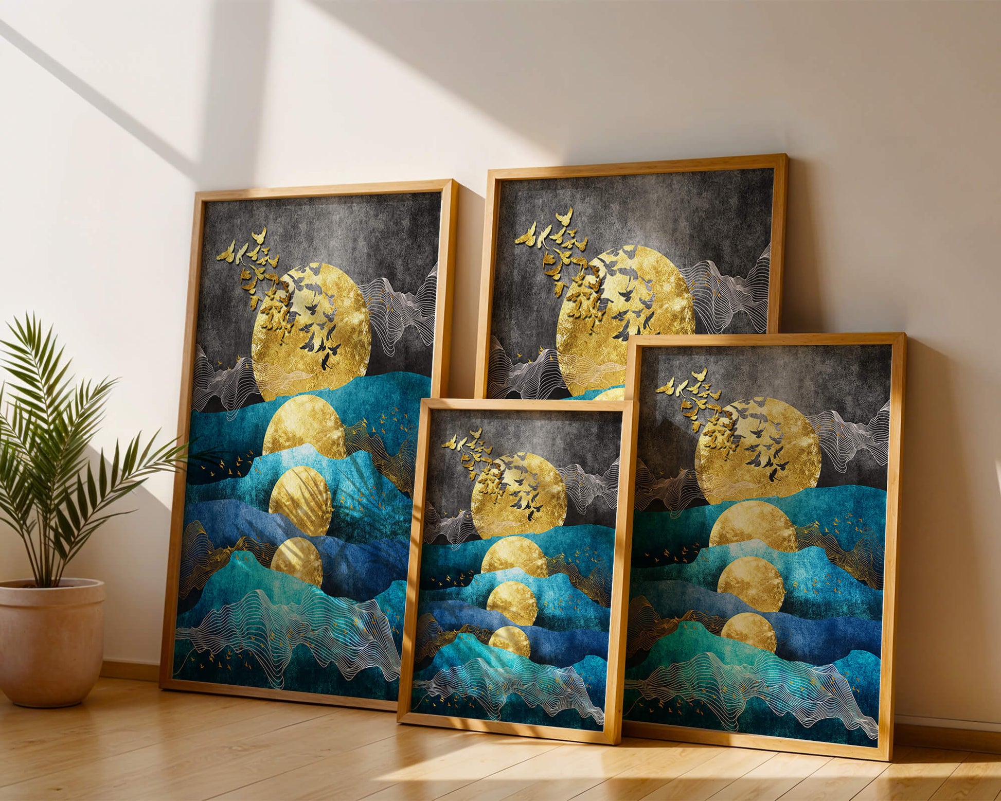 Abstract Landscape with Golden Sun and Flying Birds
