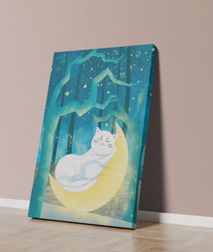 Cat sleeping on the moon in an enchanted forest under the starry sky