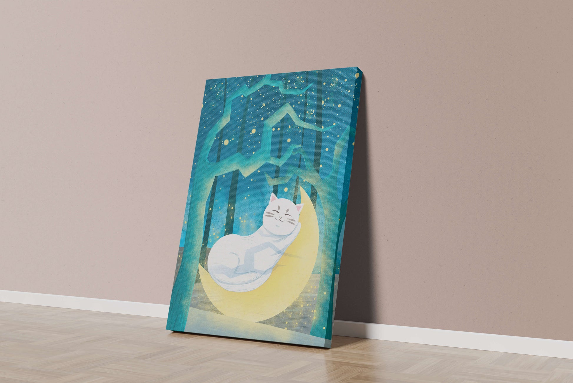 Cat sleeping on the moon in an enchanted forest under the starry sky