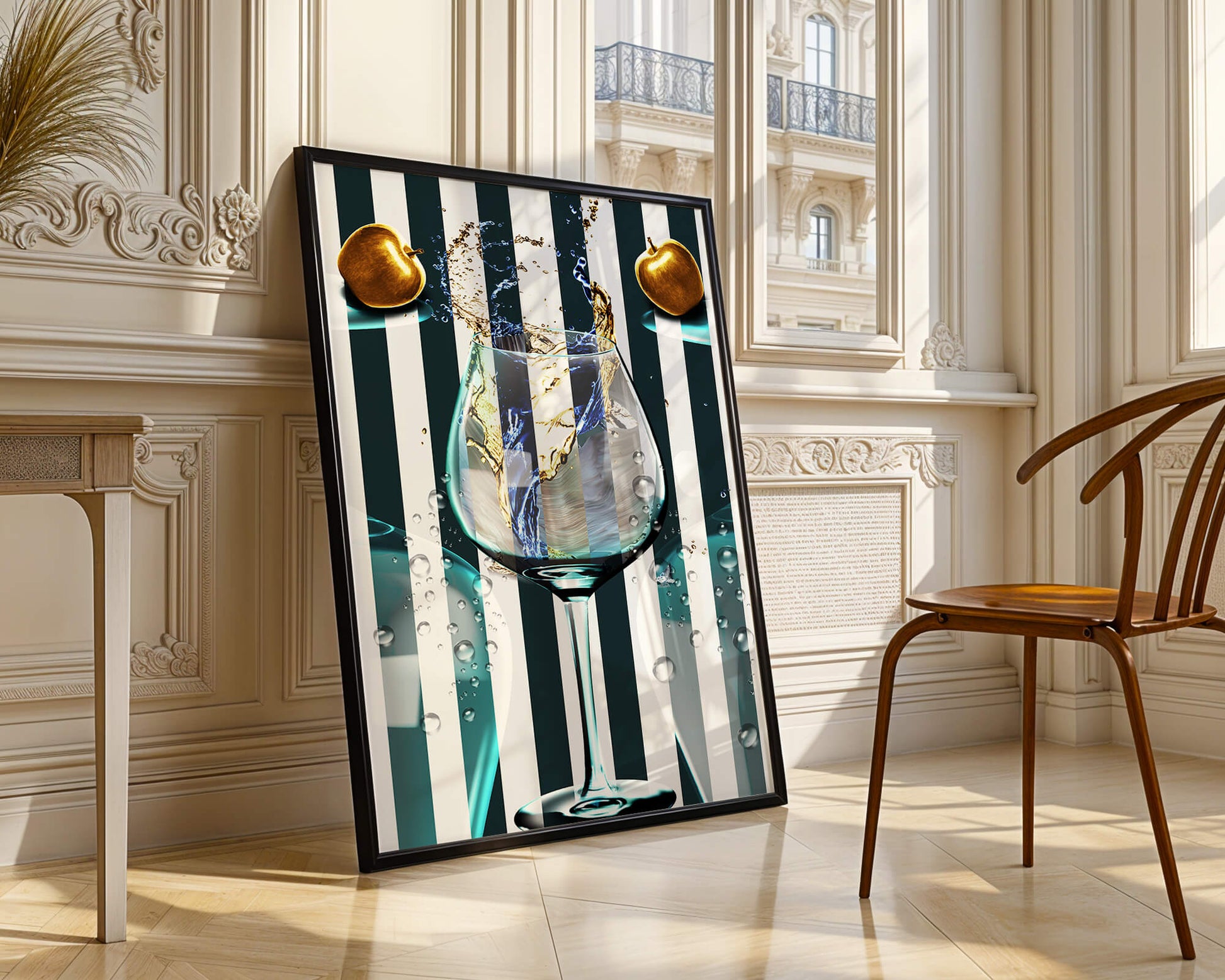 Elegant Glass of Champagne with Golden Apples and Striped Background