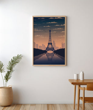 Vista escénica de la Torre Eiffel al anochecer con reflejo del horizonte urbano