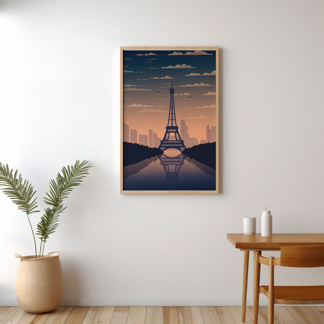 Scenic view of the Eiffel Tower at dusk with city skyline reflection