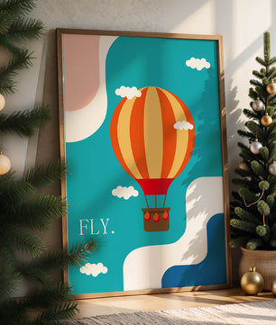 Bunte Heißluftballon-Illustration mit Wolken und abstrakten Formen