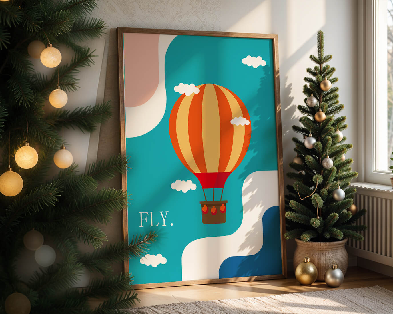 Bunte Heißluftballon-Illustration mit Wolken und abstrakten Formen