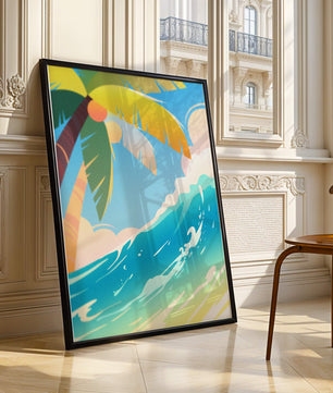 Escena vibrante de playa tropical con palmera y ola del océano