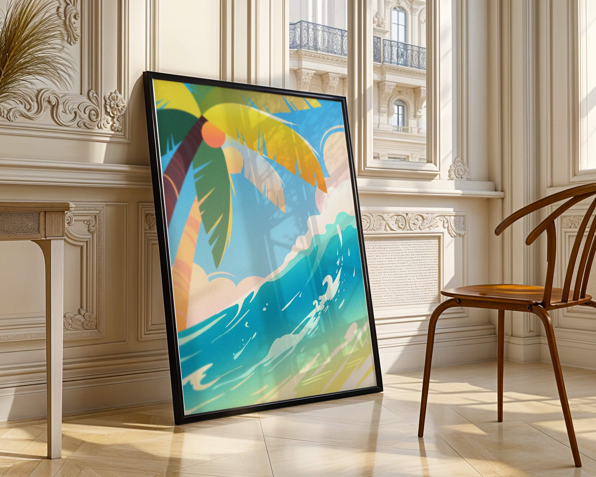 Escena vibrante de playa tropical con palmera y ola del océano