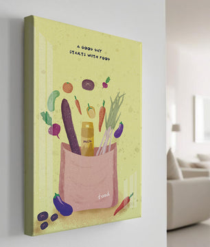 Ilustración de vegetales frescos y leche en una bolsa de comestibles