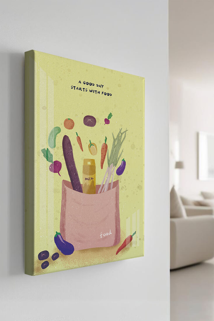 Ilustración de vegetales frescos y leche en una bolsa de comestibles
