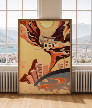 Paysage surréaliste avec une architecture traditionnelle et des éléments flamboyants sous un soleil éclatant