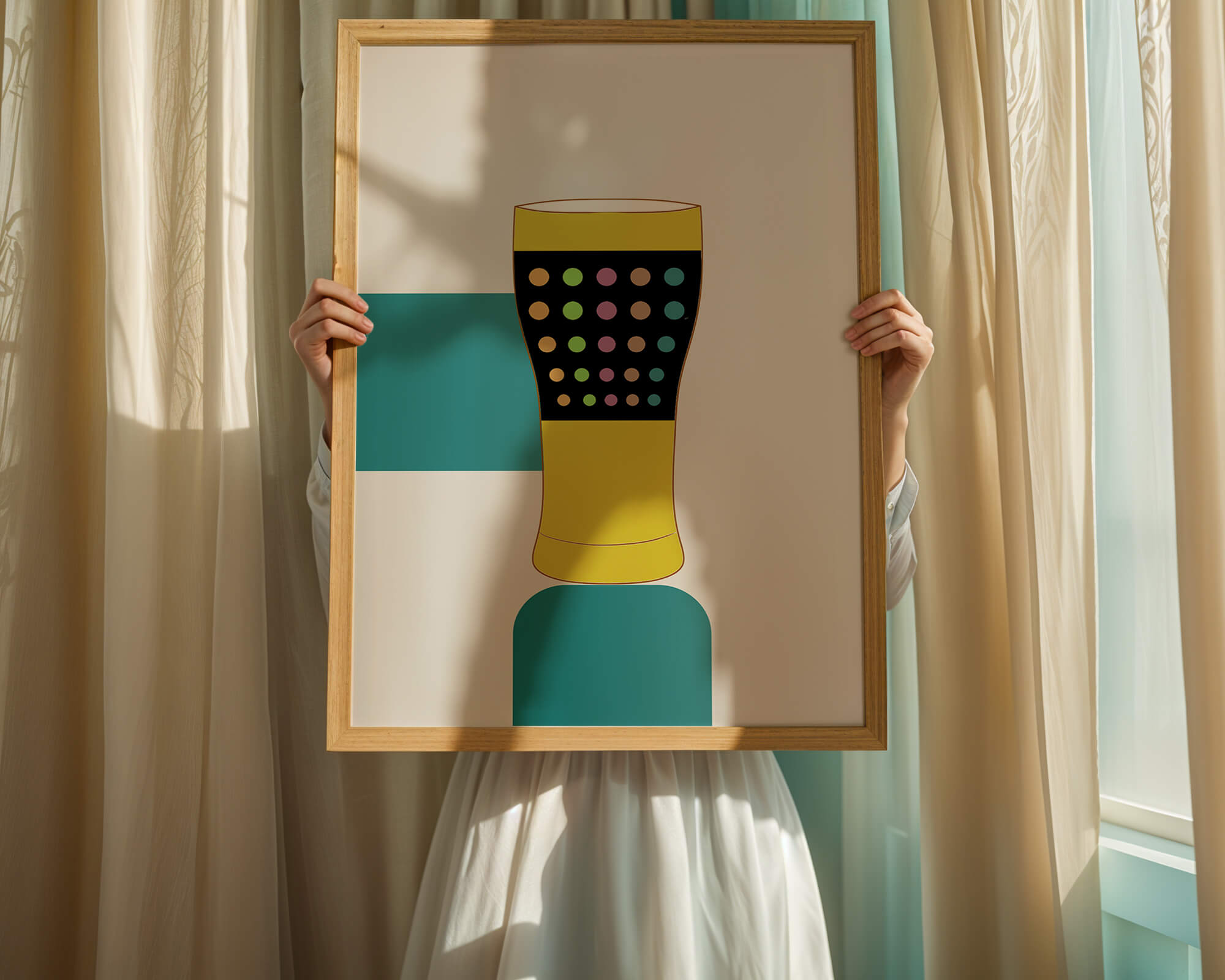 Colorful abstract illustration of a pint glass with dotted pattern