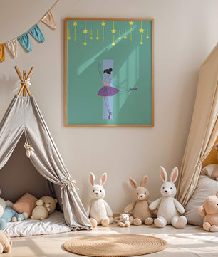 Elegant ballerina illustration with stars on a teal background