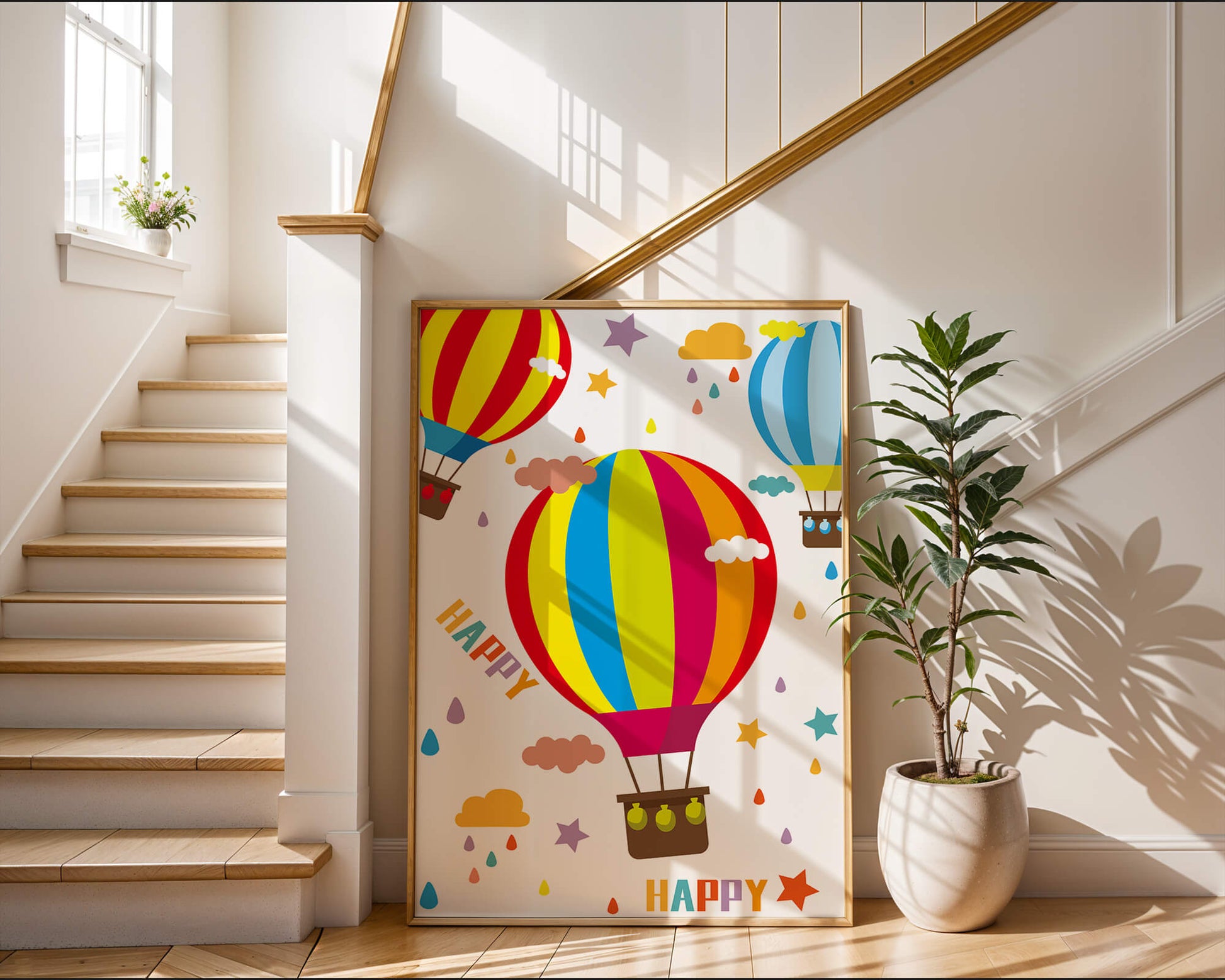 Colorful hot air balloons and happy clouds illustration