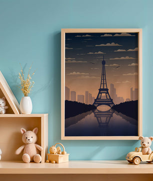Vista escénica de la Torre Eiffel al anochecer con reflejo del horizonte urbano
