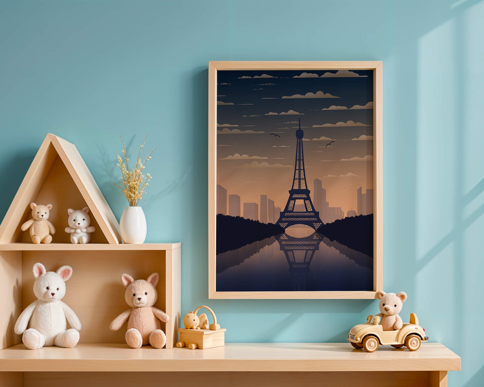 Scenic view of the Eiffel Tower at dusk with city skyline reflection