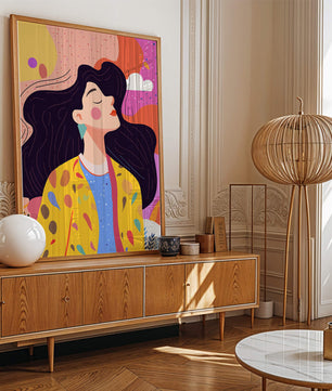 Ilustración colorida de una mujer en estilo artístico con fondo vibrante