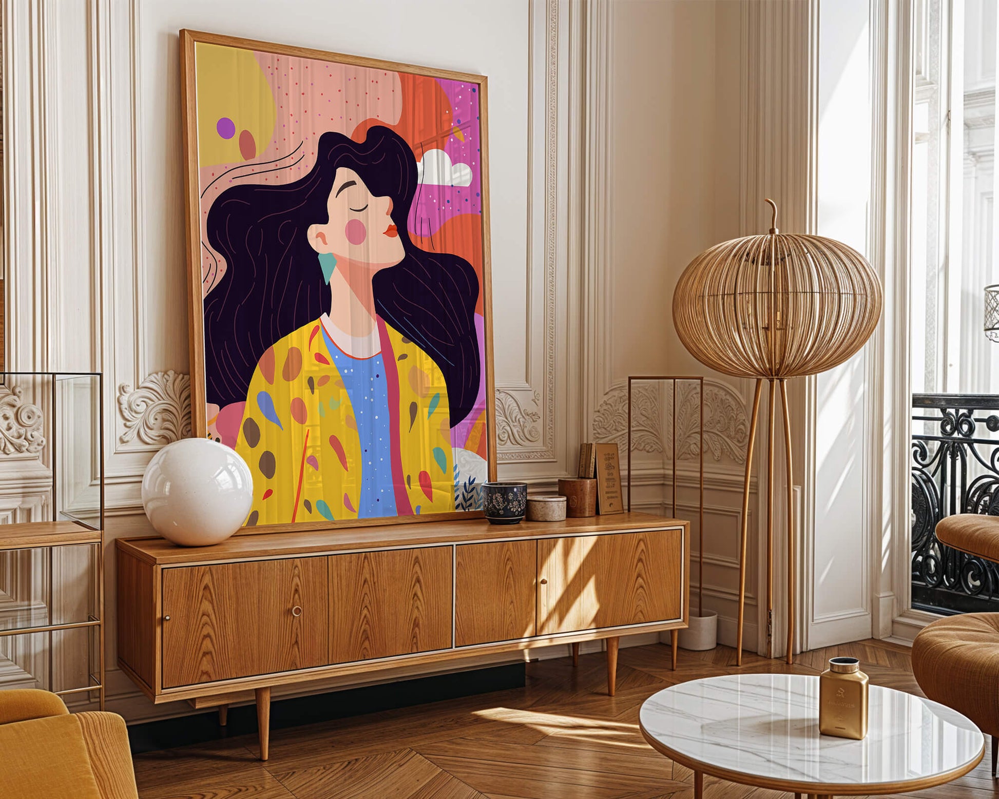 Ilustración colorida de una mujer en estilo artístico con fondo vibrante