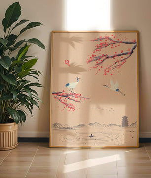 Paysage asiatique élégant avec des grues et des branches de cerisier en fleurs
