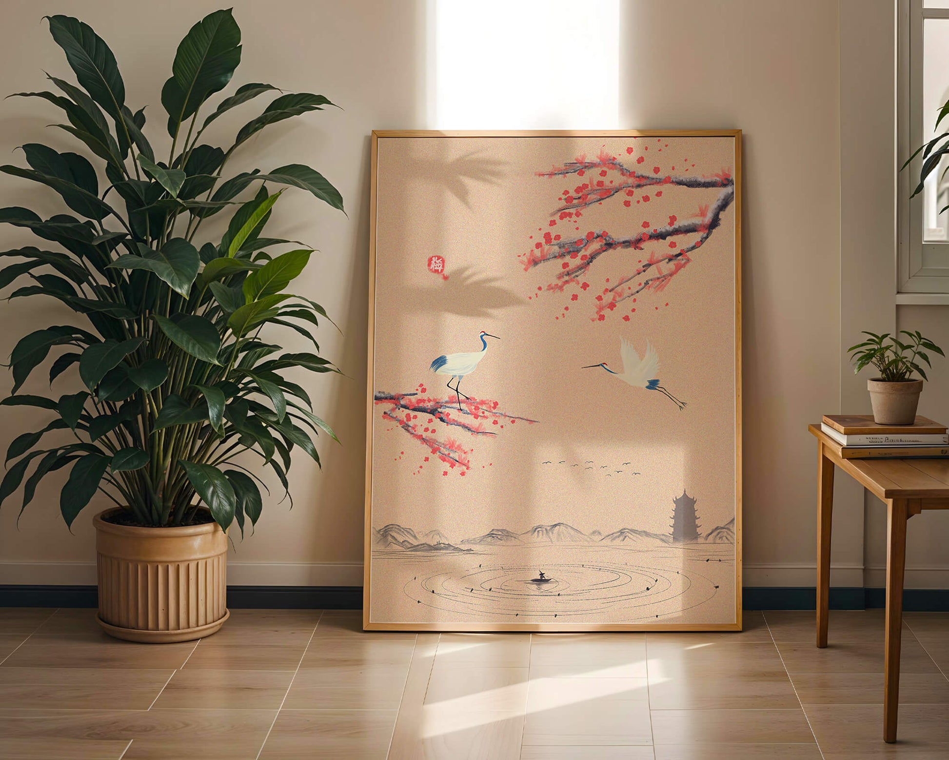 Elegant Asian landscape with cranes and cherry blossom branches