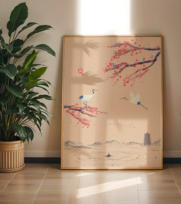 Elegant Asian landscape with cranes and cherry blossom branches