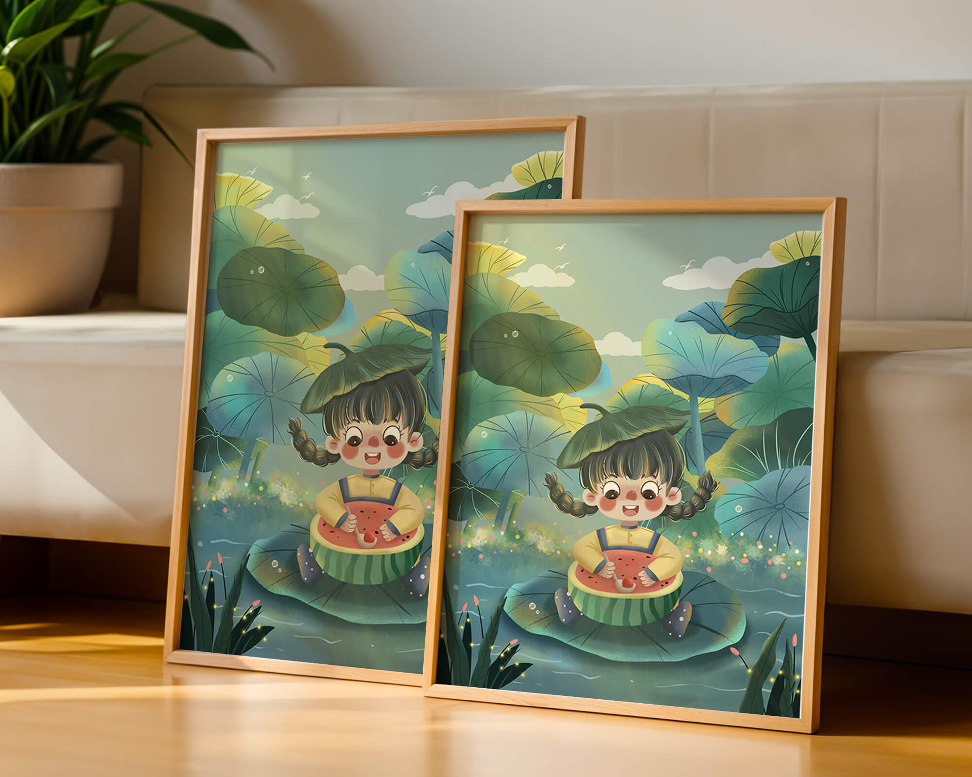 Charming illustration of a child enjoying watermelon amidst whimsical nature