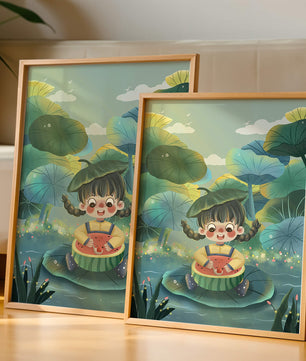 Charming illustration of a child enjoying watermelon amidst whimsical nature