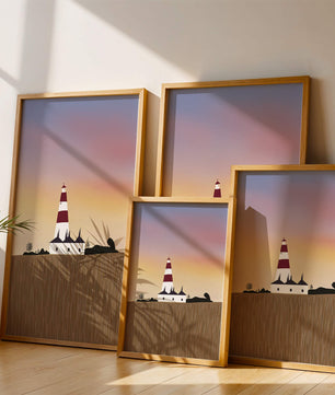 Lighthouse at Dusk with Colorful Sky and Field Landscape