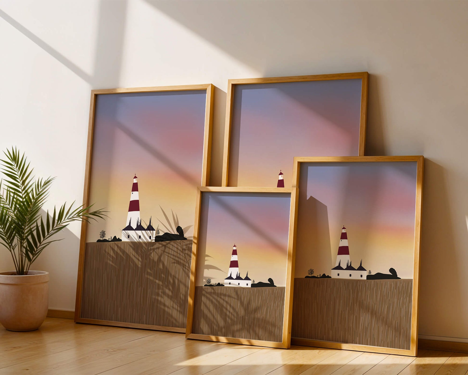 Lighthouse at Dusk with Colorful Sky and Field Landscape