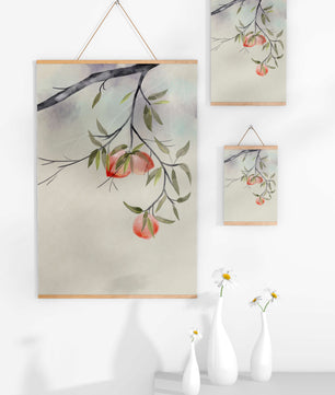 Peaceful Botanical Illustration of Branches with Leaves and Peaches - Mi tienda