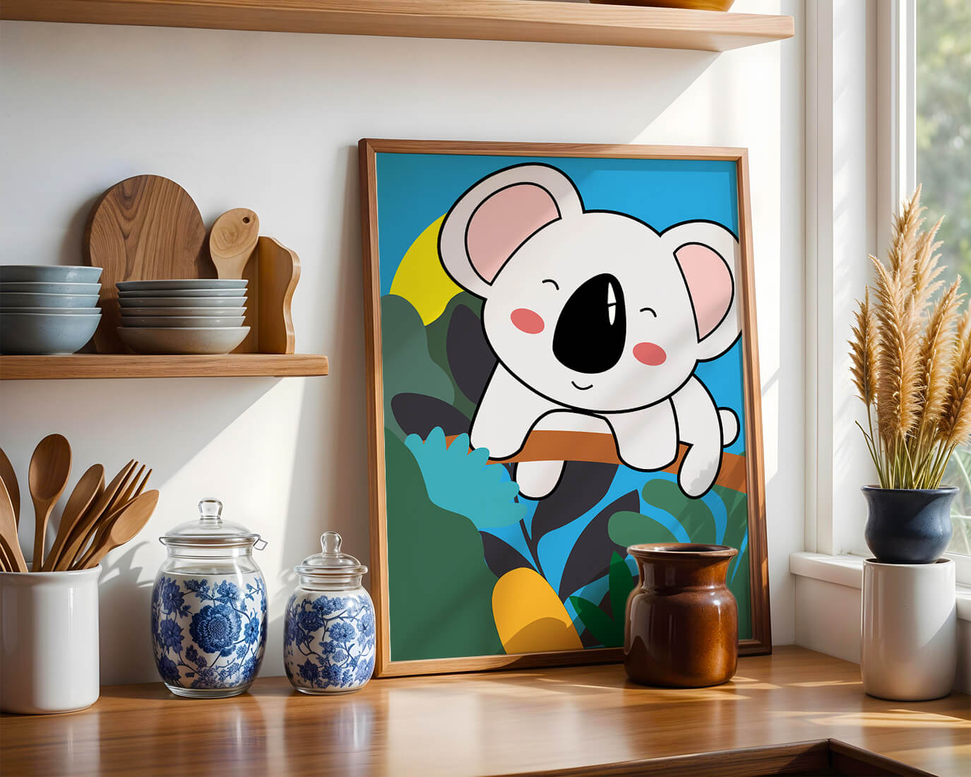 Charming illustrated koala on a branch with vibrant background