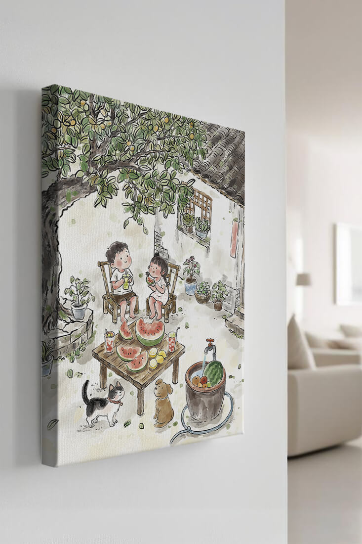 Encuentro acogedor en el patio trasero de verano con sandía y mascotas