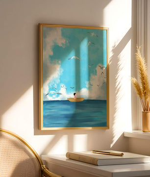 Peaceful seascape illustration with a boat and birds