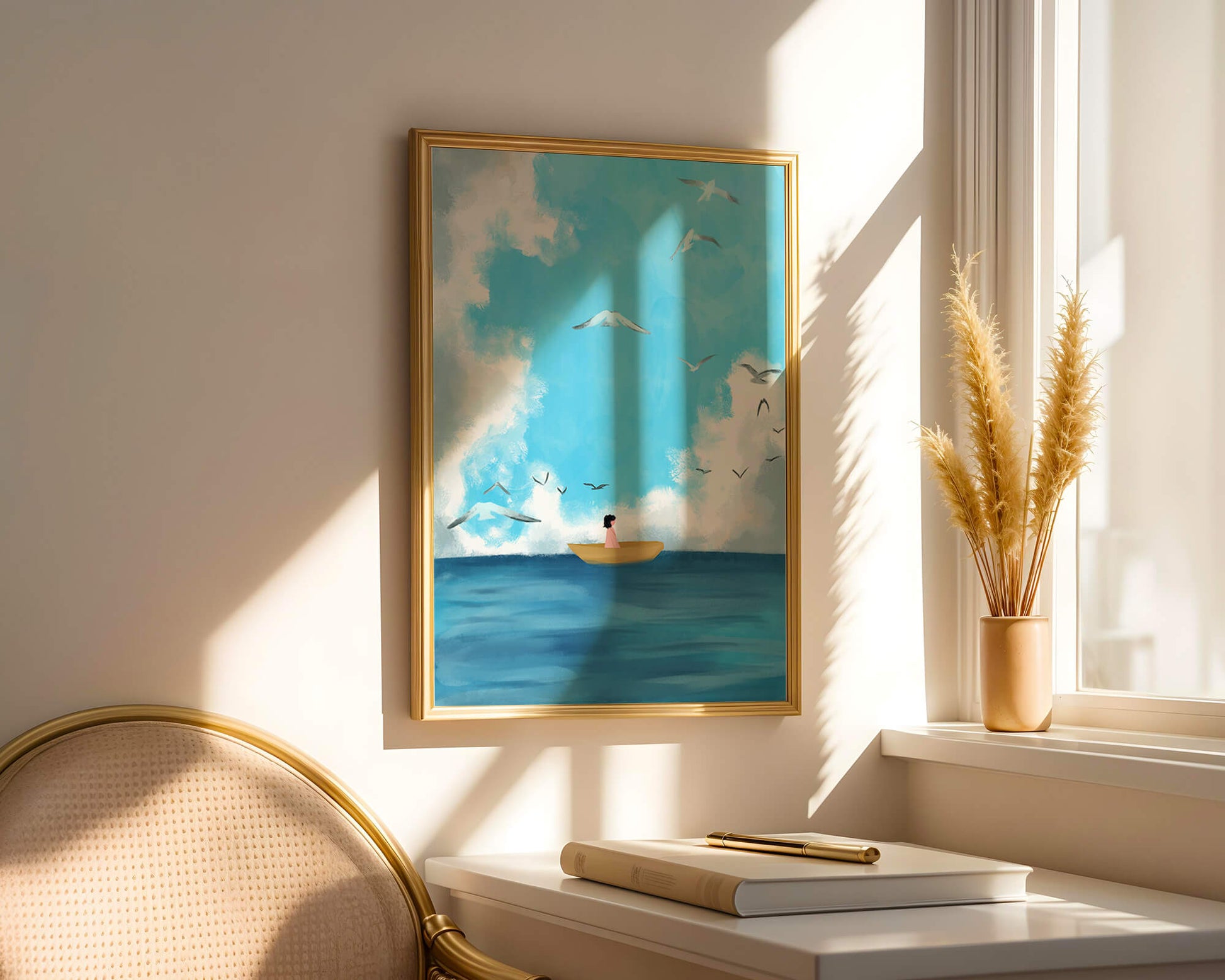 Peaceful seascape illustration with a boat and birds