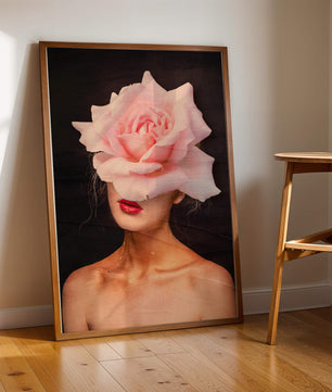 Woman with a Rose Head and Red Lips on a Dark Background - Mi tienda