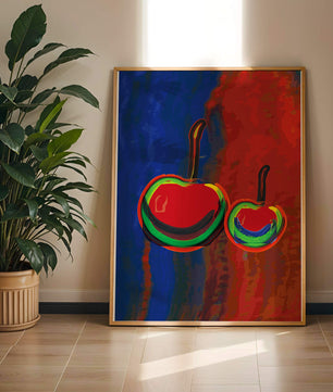 Pintura abstracta de cerezas con colores vibrantes