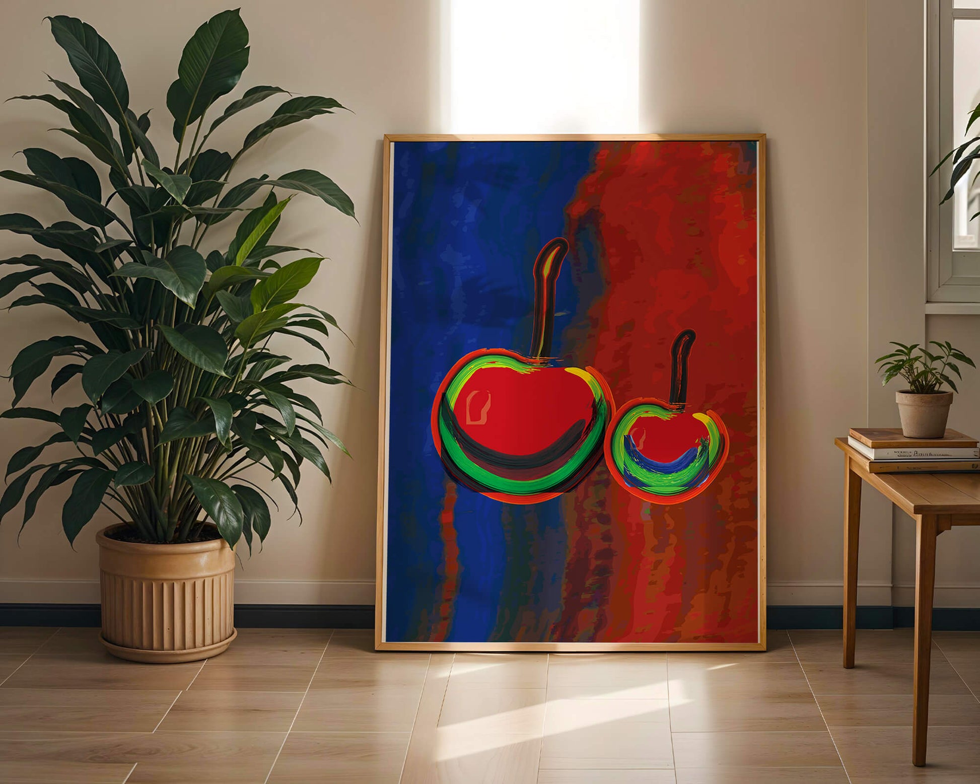 Pintura abstracta de cerezas con colores vibrantes.