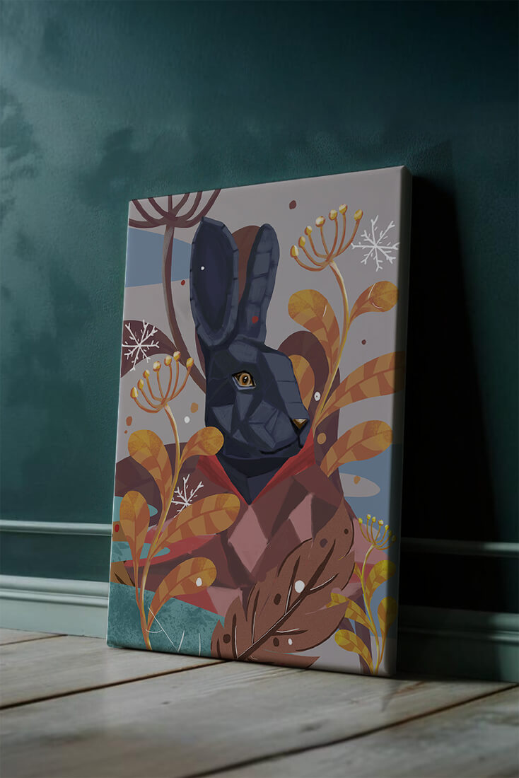 Abstract geometric rabbit in a vibrant autumn floral setting
