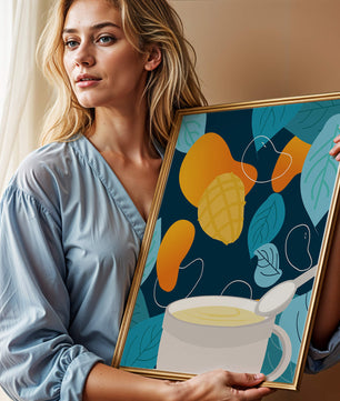 Ilustración colorida de mangos y hojas con una bebida cremosa