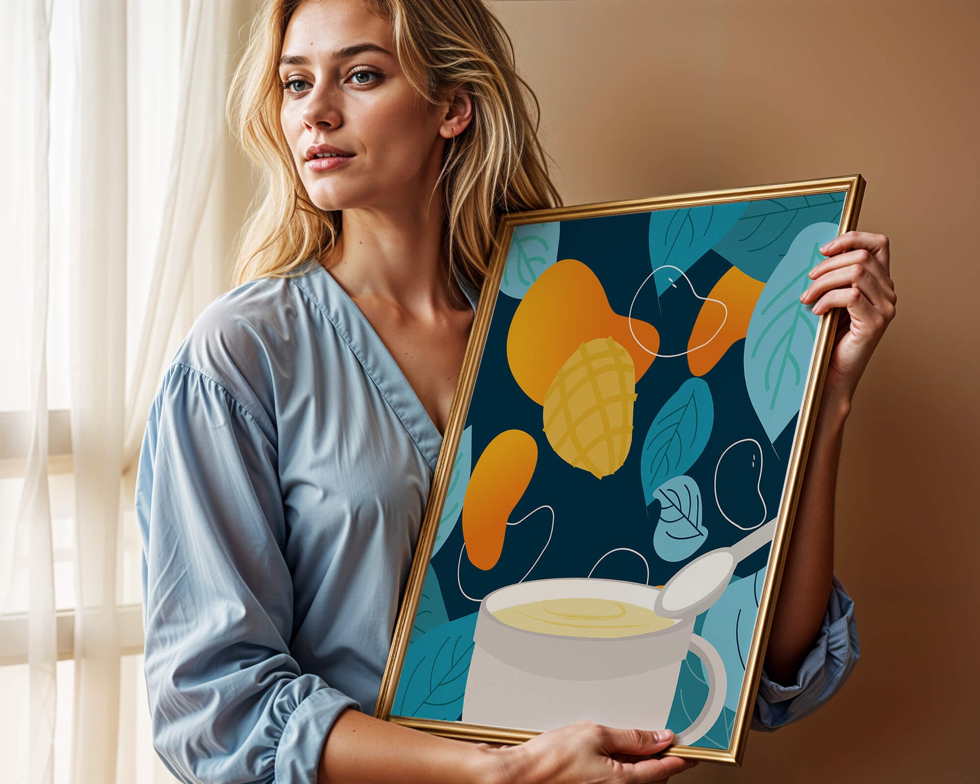 Ilustración colorida de mangos y hojas con una bebida cremosa